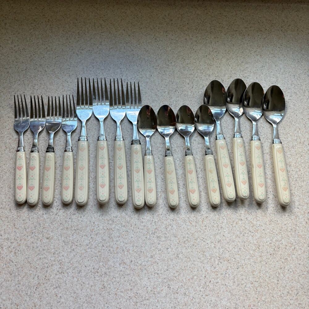 Corelle Forever Yours Stainless Steel Flatware Sandstone Pink Hearts 16 pieces